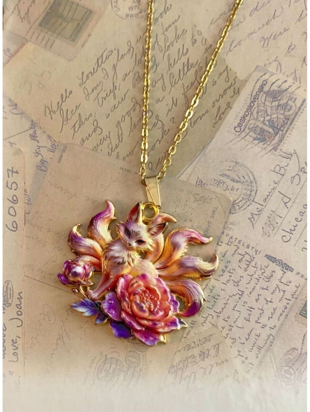 Charming Nine-Tailed Fox Floral Pendant Necklace - Whimsical Jewelry